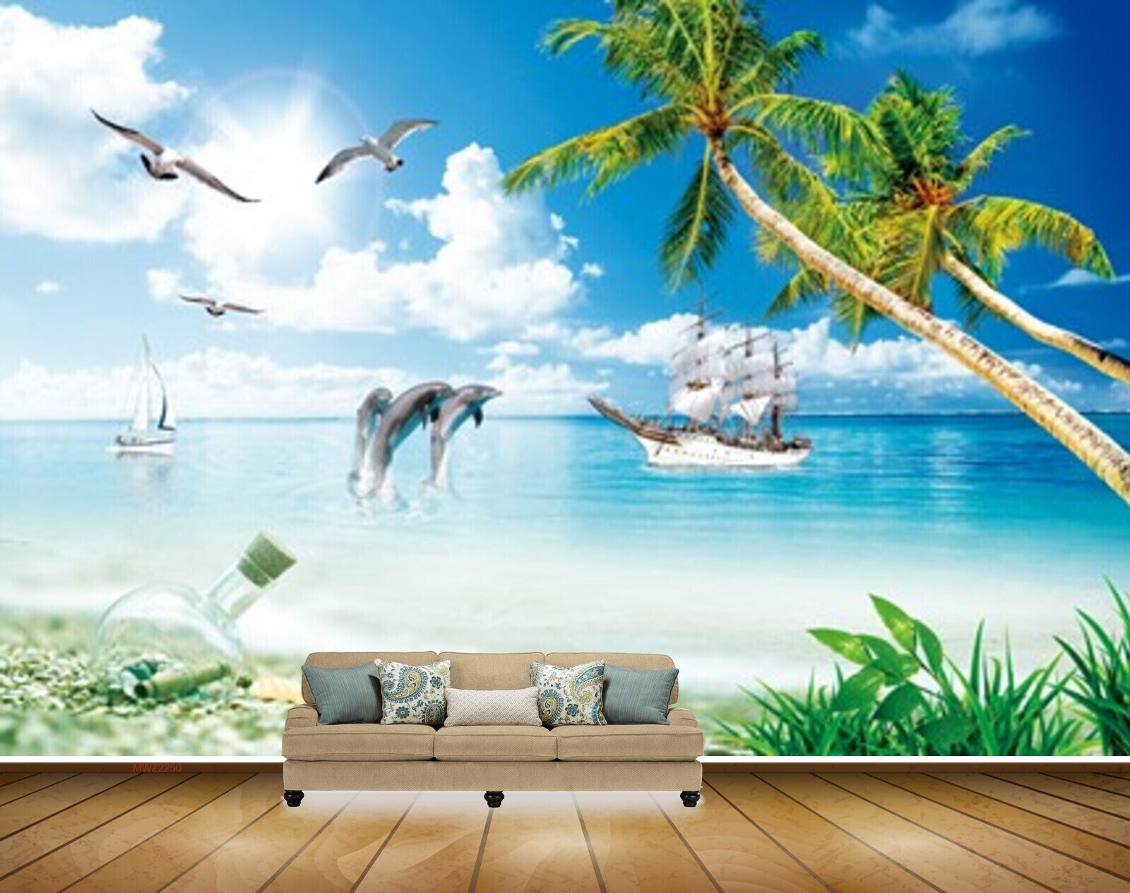 Avikalp MWZ2250 Dolphines Sea Beach Trees Boat Birds Plants Bottle Water Ocean HD Wallpaper