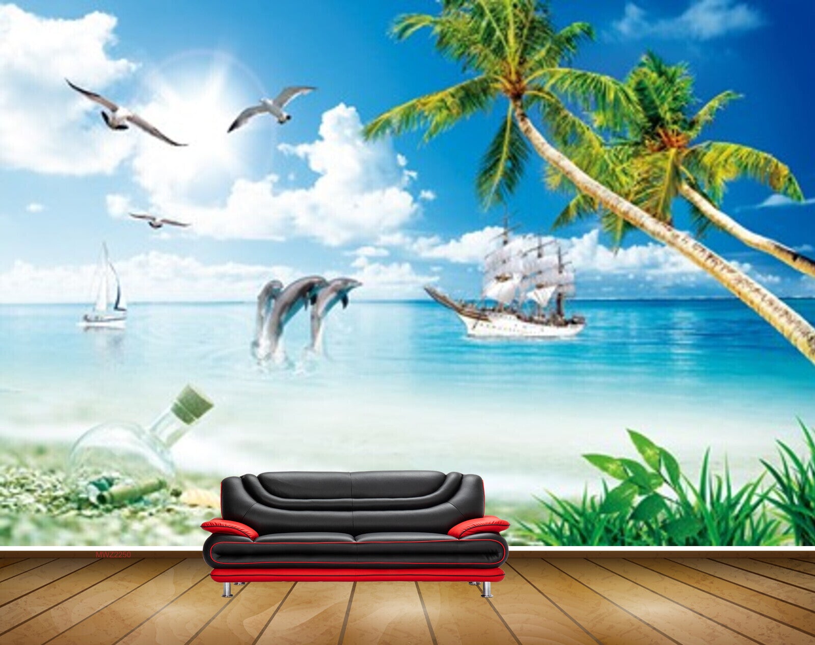 Avikalp MWZ2250 Dolphines Sea Beach Trees Boat Birds Plants Bottle Water Ocean HD Wallpaper