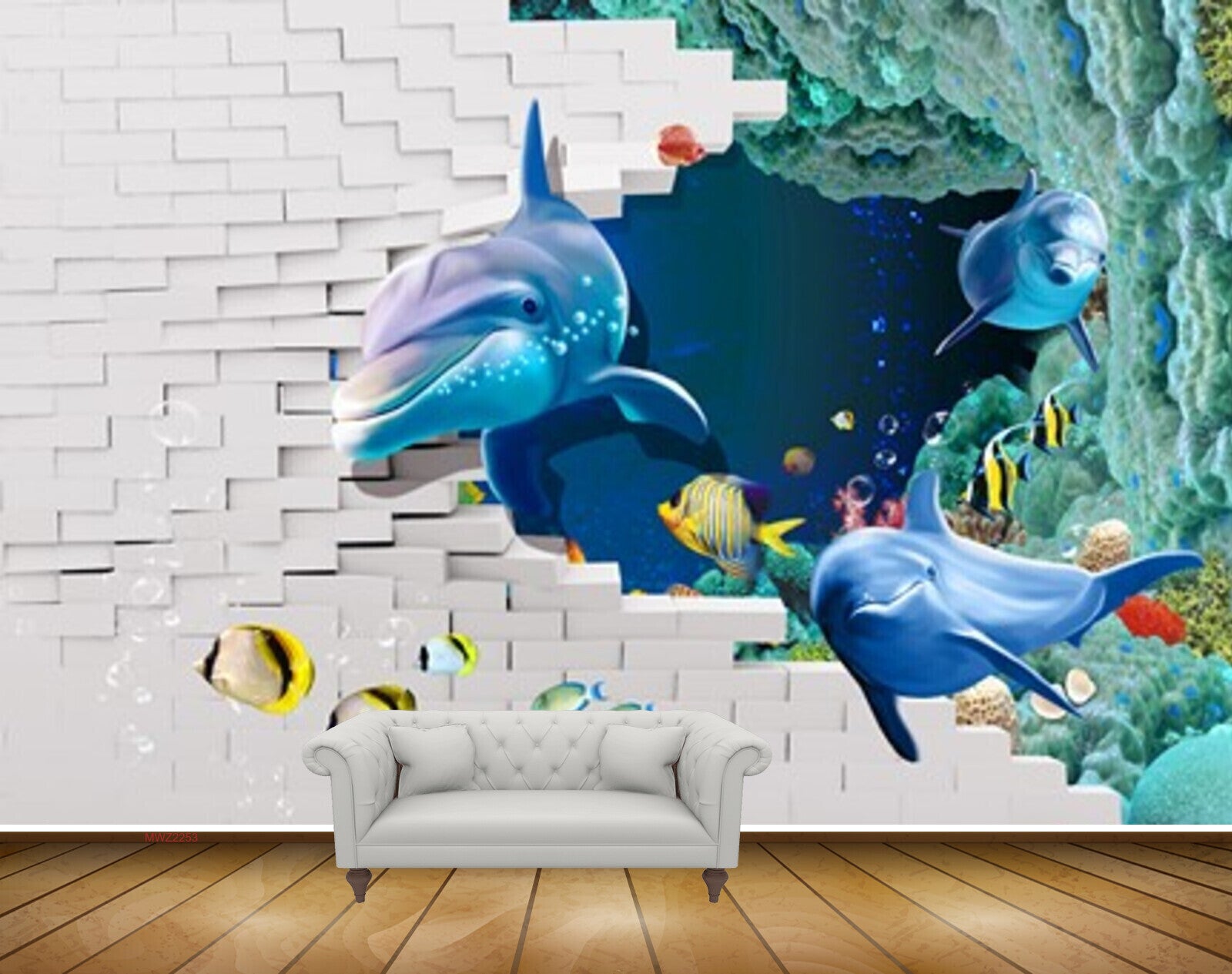 Avikalp MWZ2253 Sea Crack Walls Dolphins Fishes Stones Bubbles Underwater Water HD Wallpaper