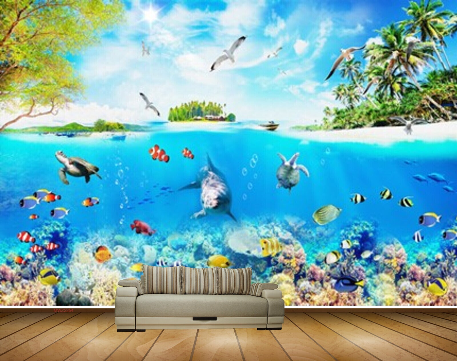 Avikalp MWZ2254 Sea Dolphins Fishes Turtle Trees Birds Beach Island Underwater Clouds Water Ocean HD Wallpaper