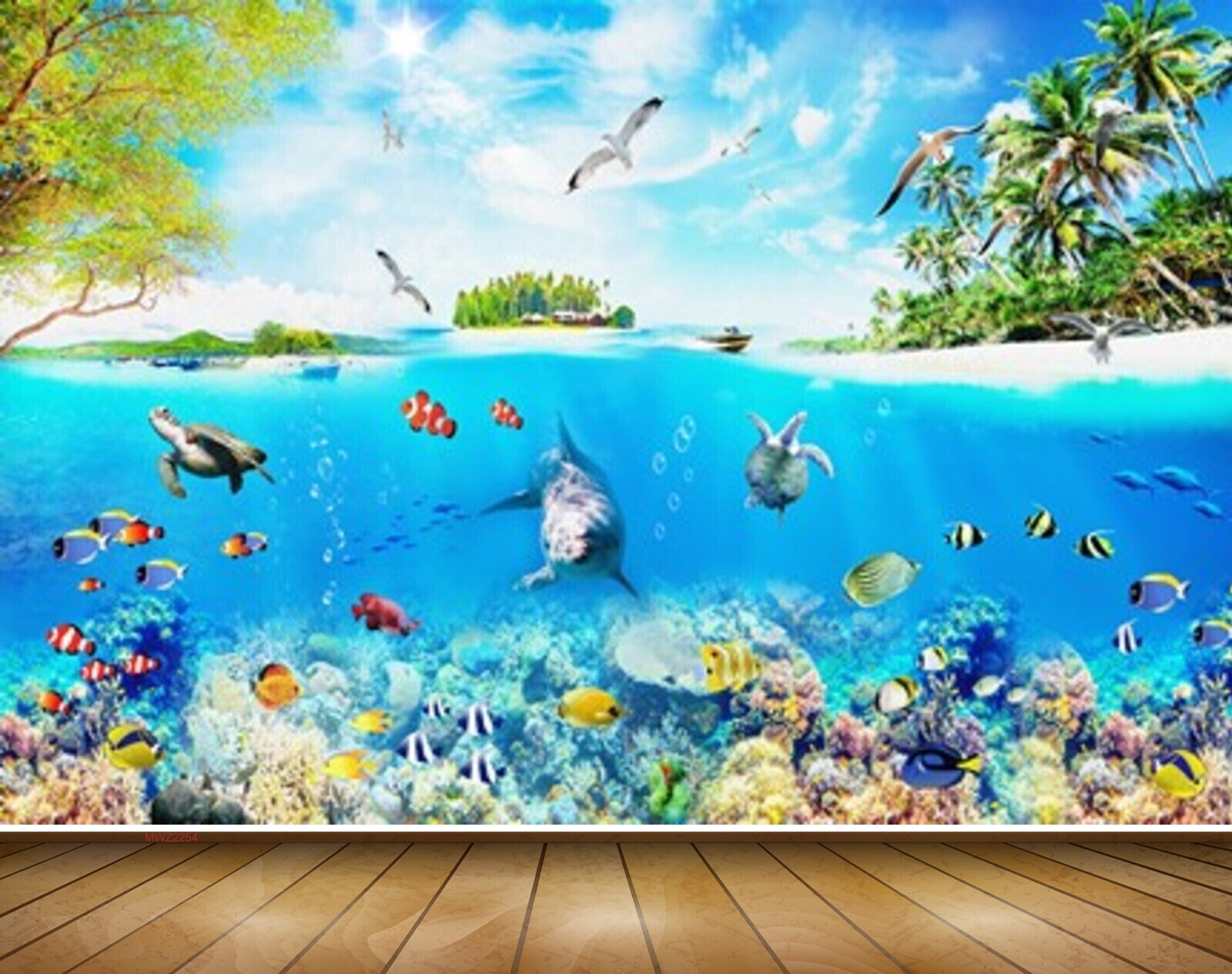 Avikalp MWZ2254 Sea Dolphins Fishes Turtle Trees Birds Beach Island Underwater Clouds Water Ocean HD Wallpaper