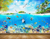 Avikalp MWZ2254 Sea Dolphins Fishes Turtle Trees Birds Beach Island Underwater Clouds Water Ocean HD Wallpaper