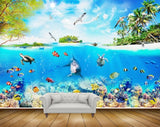 Avikalp MWZ2254 Sea Dolphins Fishes Turtle Trees Birds Beach Island Underwater Clouds Water Ocean HD Wallpaper