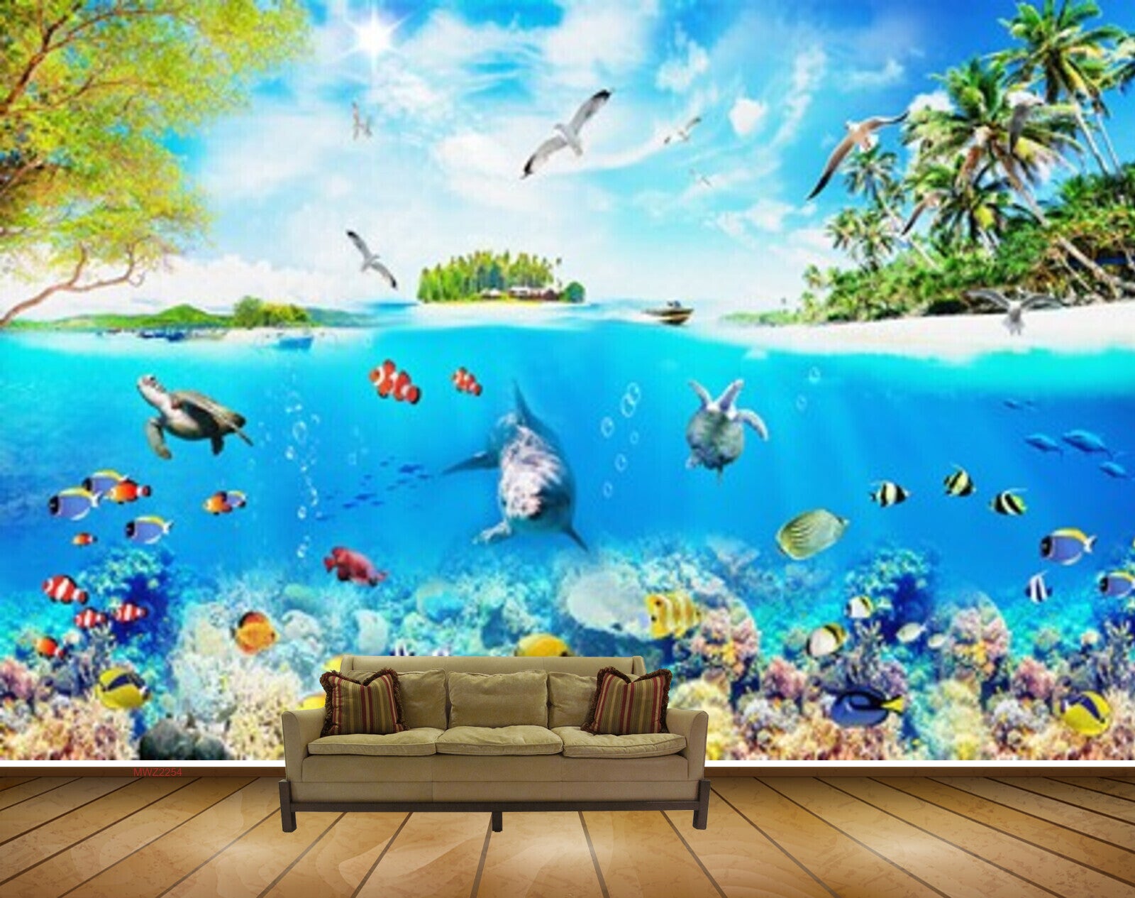 Avikalp MWZ2254 Sea Dolphins Fishes Turtle Trees Birds Beach Island Underwater Clouds Water Ocean HD Wallpaper