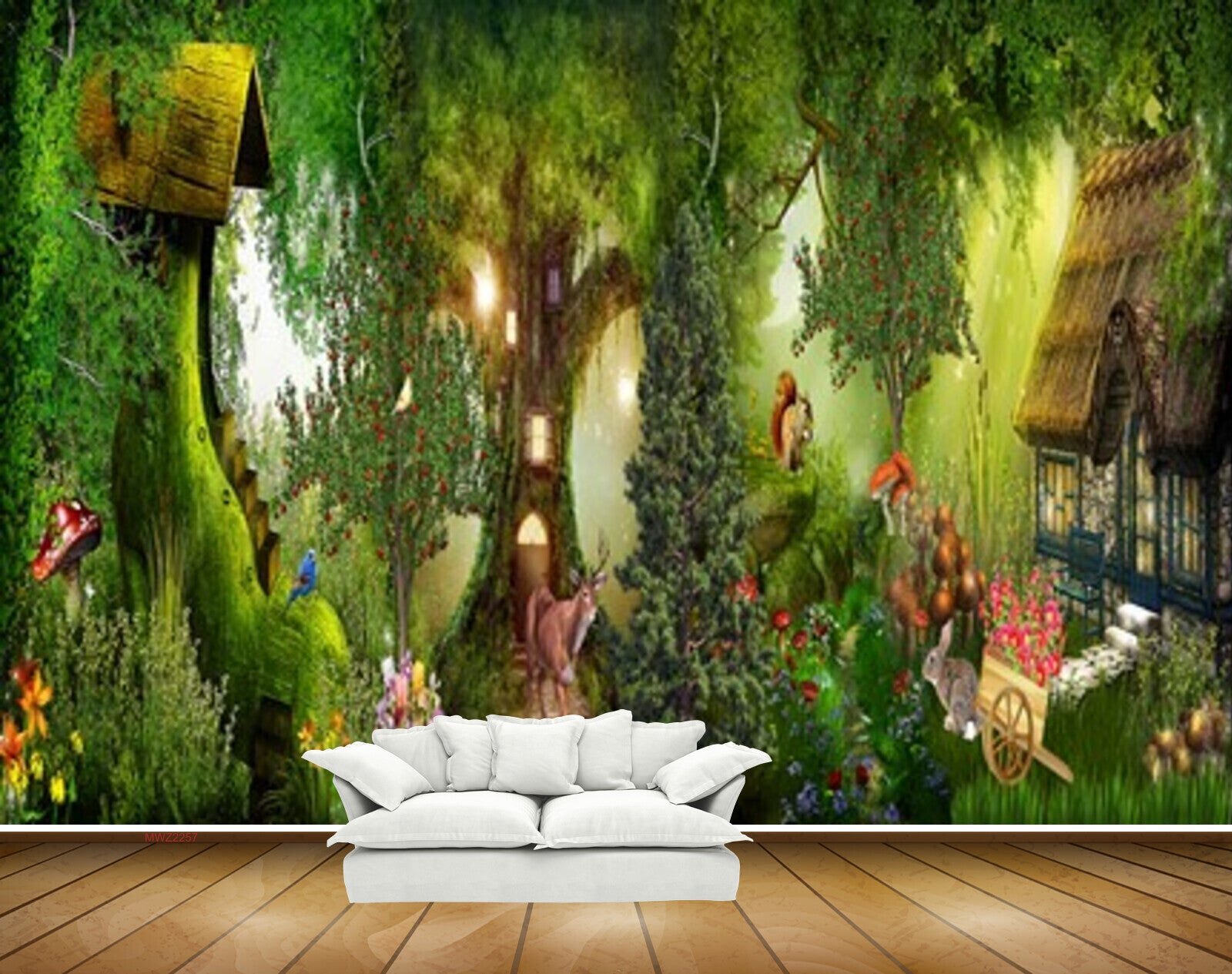 Avikalp MWZ2257 Trees Hut Deer Mushrooms Flowers Rabbit Background HD Wallpaper