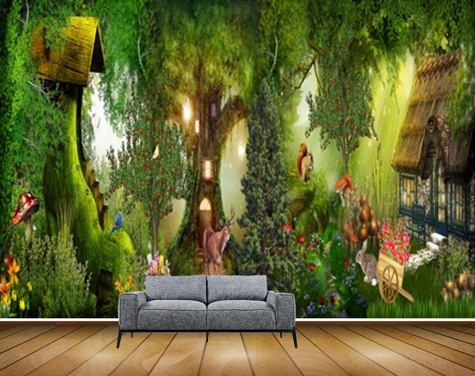 Avikalp MWZ2257 Trees Hut Deer Mushrooms Flowers Rabbit Background HD Wallpaper