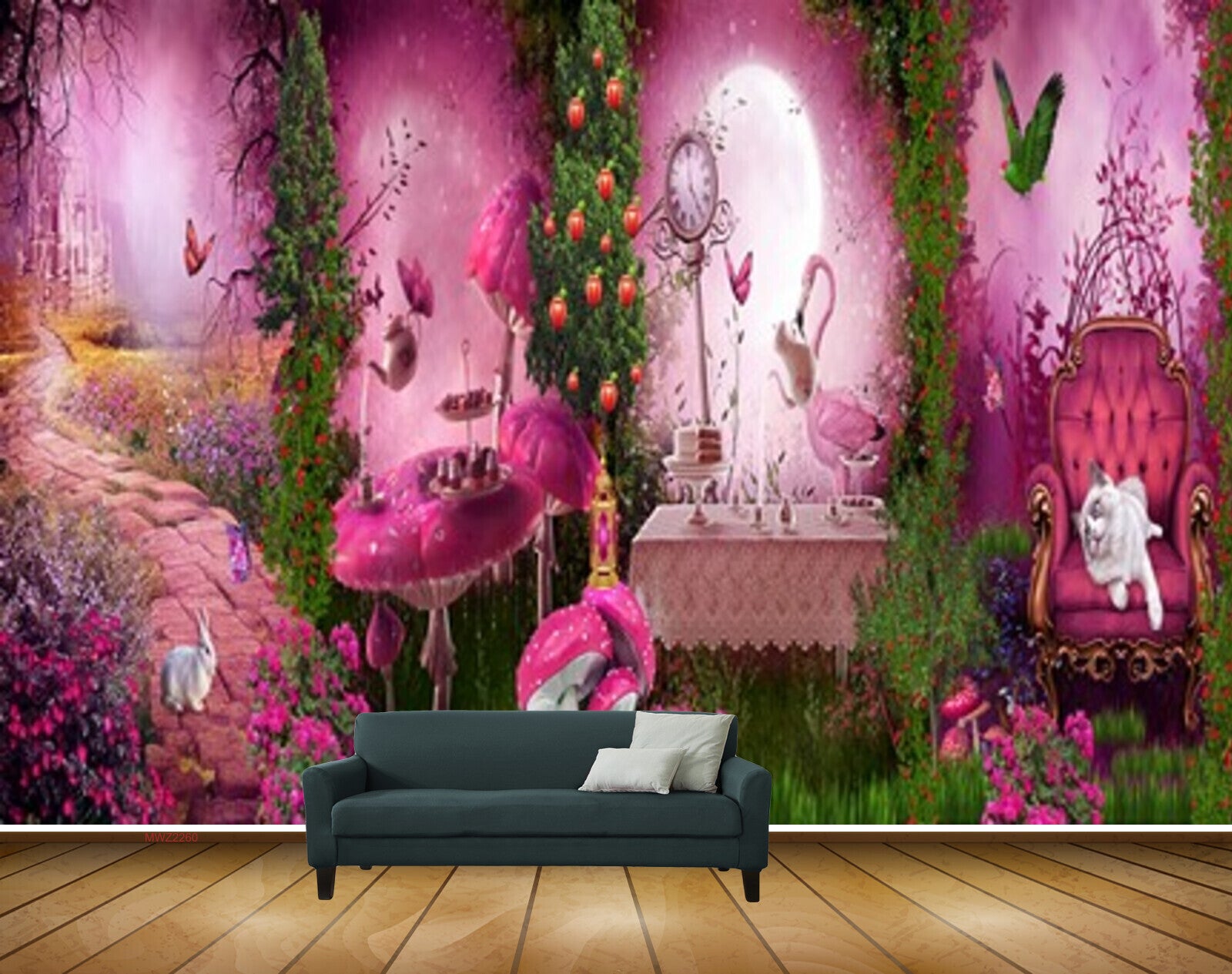 Avikalp MWZ2260 Pink Flowers Rabbit Cat Trees Butterflies Parrot Background HD Wallpaper