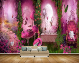 Avikalp MWZ2260 Pink Flowers Rabbit Cat Trees Butterflies Parrot Background HD Wallpaper