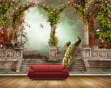 Avikalp MWZ2263 Pink Flowers Peacocks Birds Plants Background HD Wallpaper