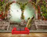 Avikalp MWZ2263 Pink Flowers Peacocks Birds Plants Background HD Wallpaper