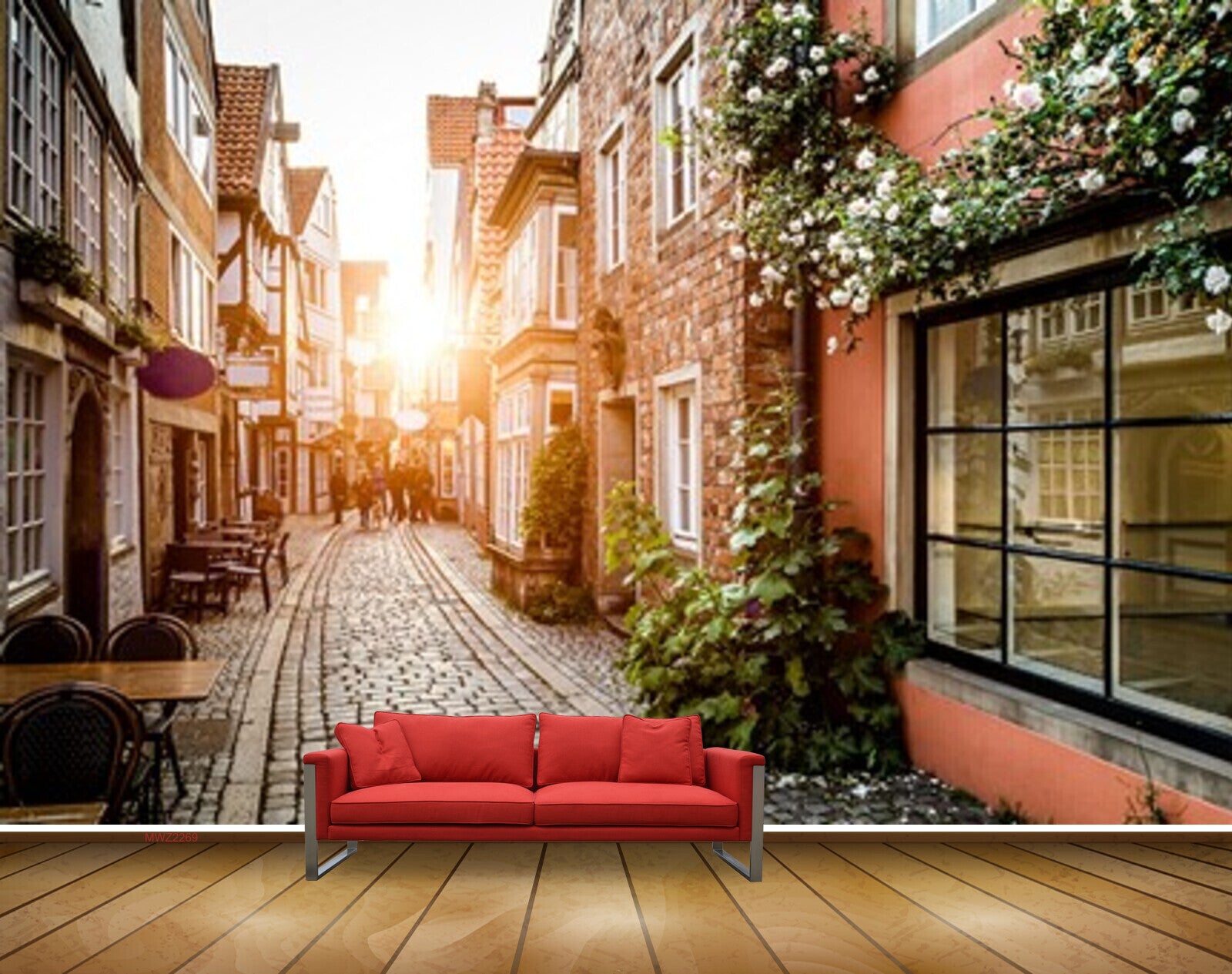 Avikalp MWZ2269 Street Road Buildings Trees Flowers Table Chairs Alley Background HD Wallpaper