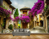 Avikalp MWZ2273 Pink Flowers Trees Houses Alley Background HD Wallpaper