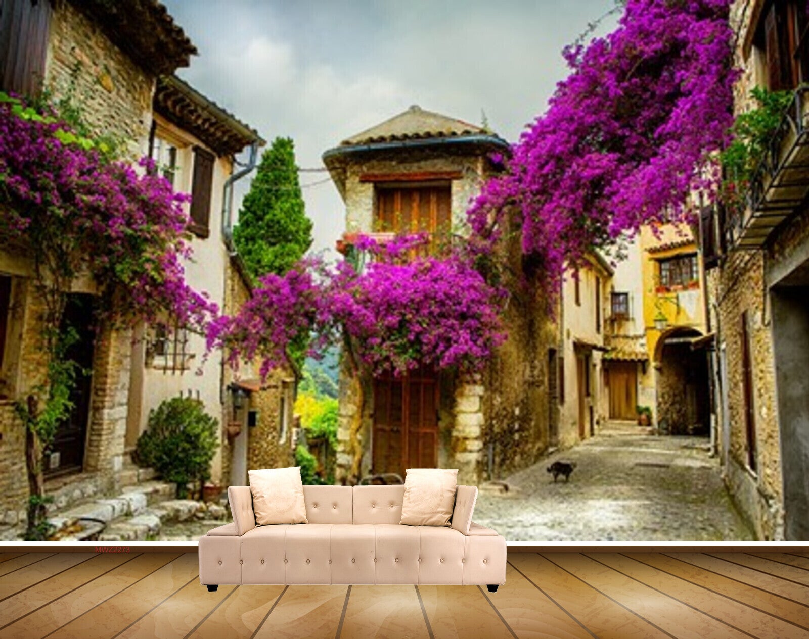 Avikalp MWZ2273 Pink Flowers Trees Houses Alley Background HD Wallpaper
