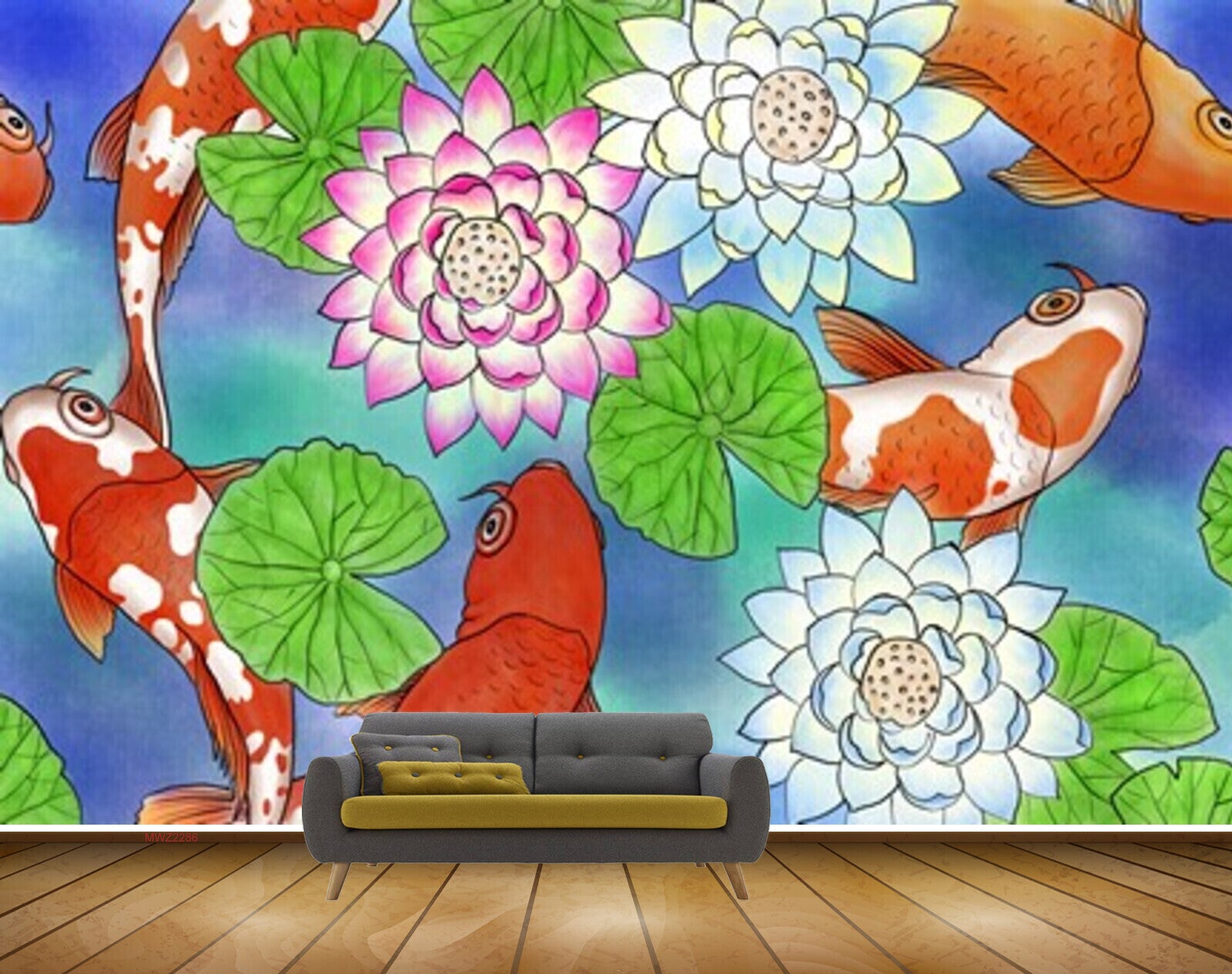 Avikalp MWZ2286 Orange White Fishes Pink Flowers Leaves HD Wallpaper