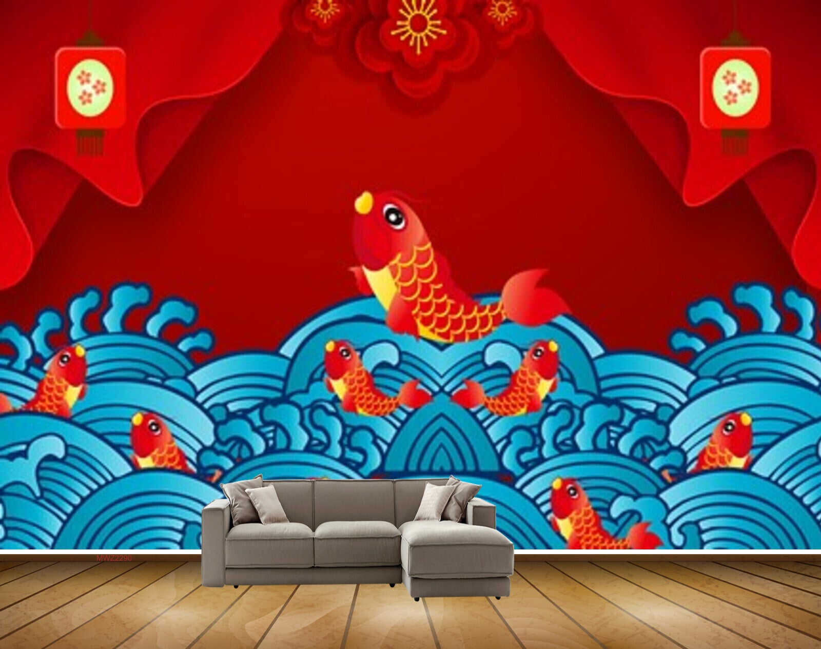 Avikalp MWZ2290 Red Fishes Flowers Leaves HD Wallpaper