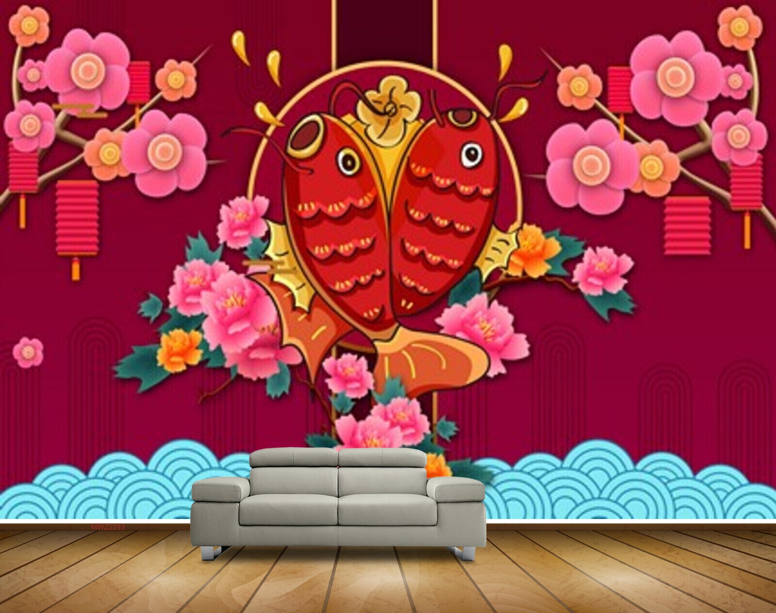 Avikalp MWZ2293 Red Fishes Pink Flowers Leaves HD Wallpaper
