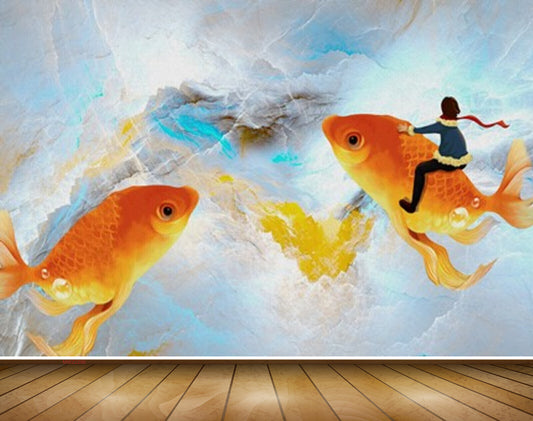 Avikalp MWZ2296 Sea Orange Fishes Mountain Man HD Wallpaper