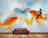 Avikalp MWZ2296 Sea Orange Fishes Mountain Man HD Wallpaper