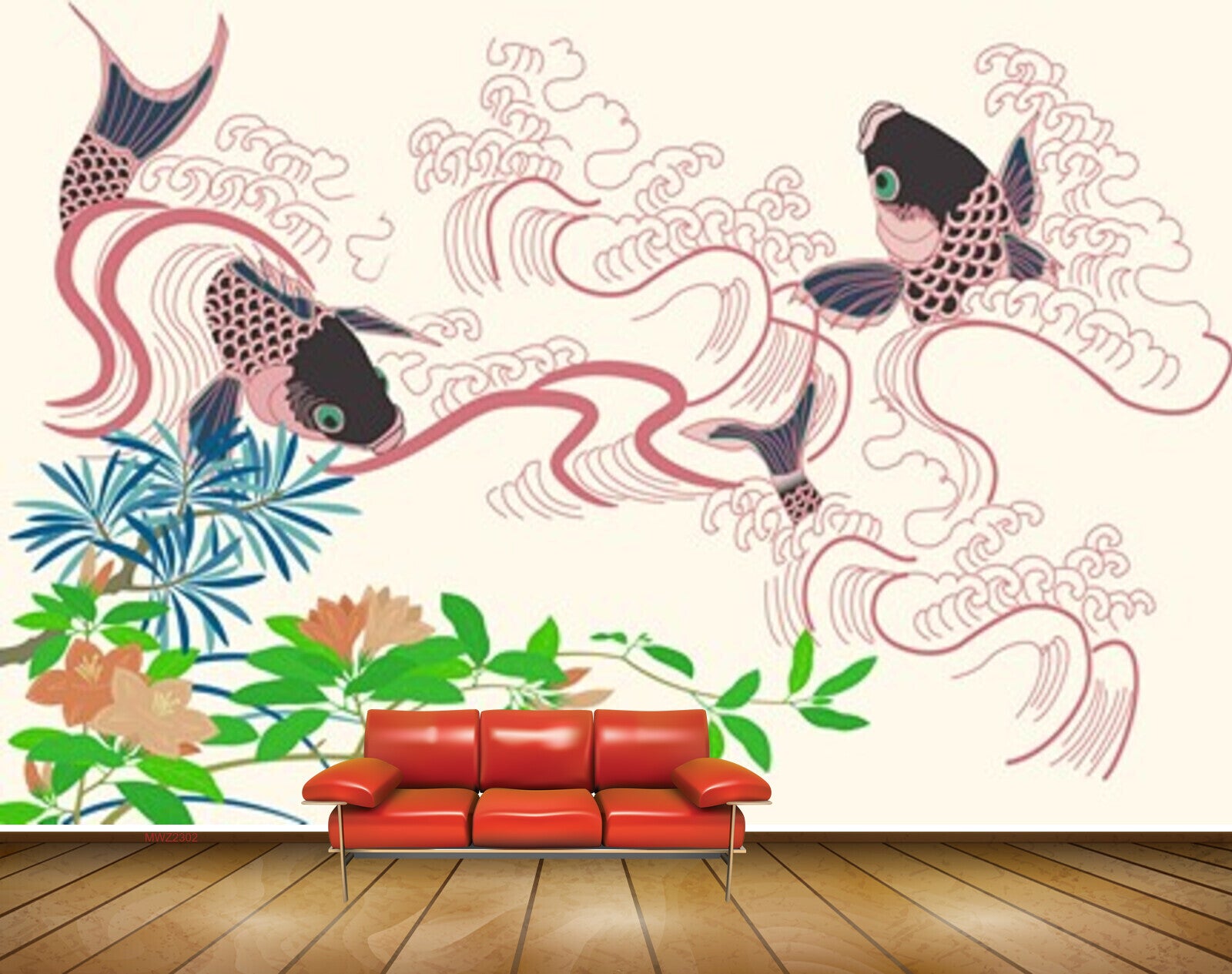 Avikalp MWZ2302 Pink Brown Fishes Flowers Leaves HD Wallpaper