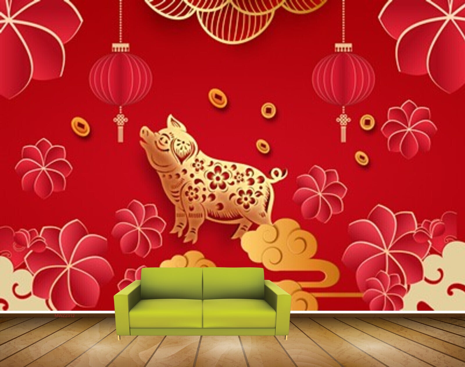 Avikalp MWZ2312 Red Flowers Golden Pig HD Wallpaper