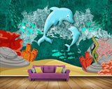 Avikalp MWZ2316 Blue Dolphins Red Flowers HD Wallpaper