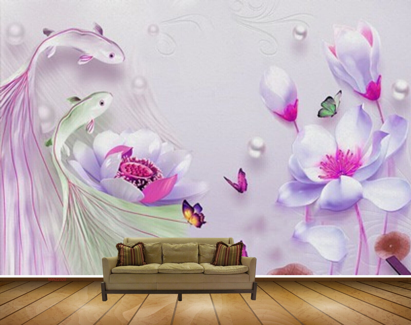 Avikalp MWZ2320 Pink Green Fishes Flowers Butterflies HD Wallpaper