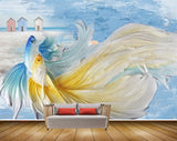 Avikalp MWZ2322 Blue Yellow Fishes Beach Houses HD Wallpaper