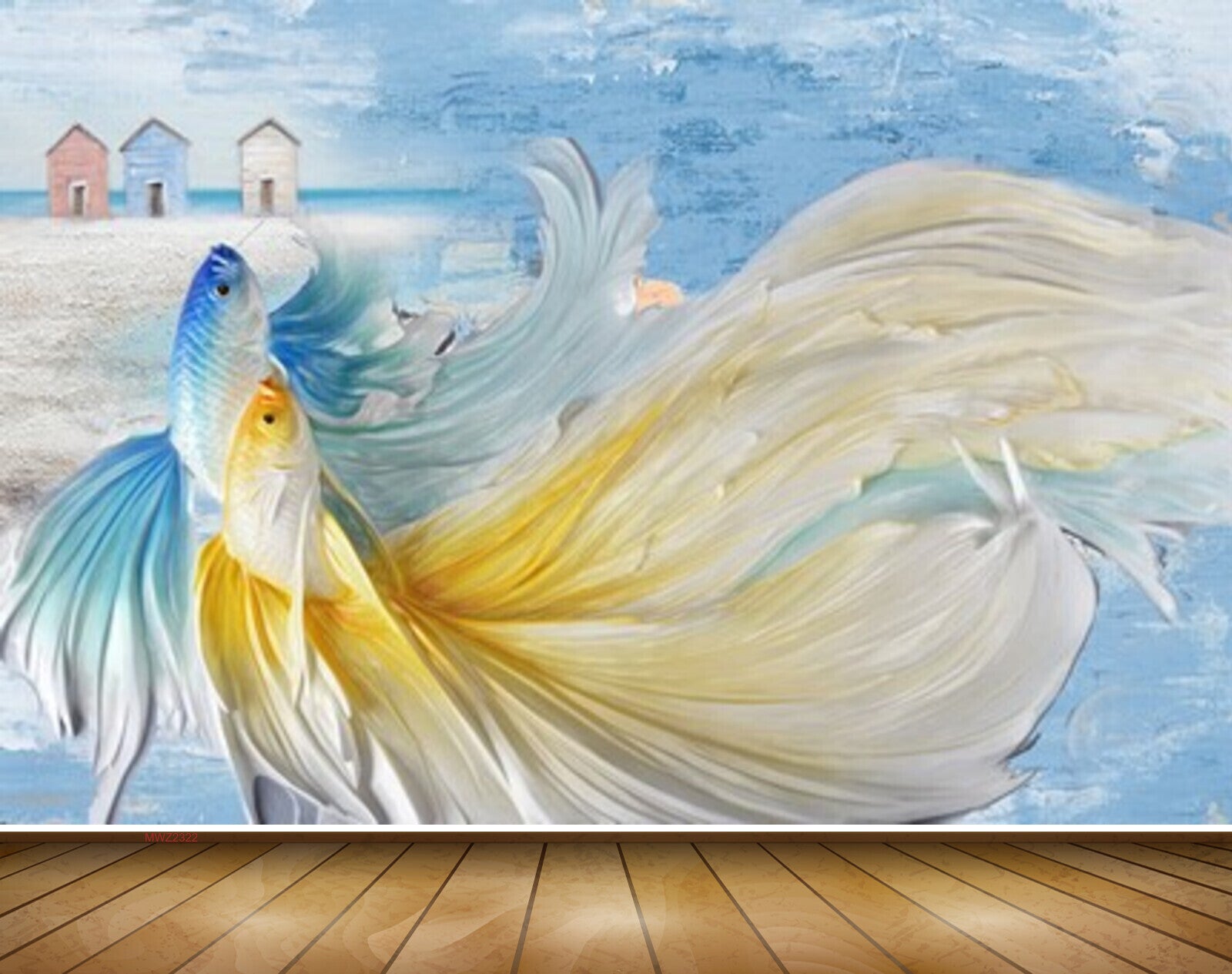 Avikalp MWZ2322 Blue Yellow Fishes Beach Houses HD Wallpaper