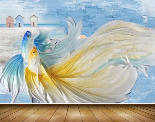 Avikalp MWZ2322 Blue Yellow Fishes Beach Houses HD Wallpaper