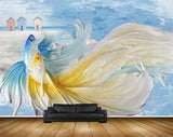Avikalp MWZ2322 Blue Yellow Fishes Beach Houses HD Wallpaper