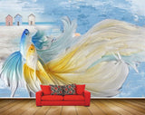 Avikalp MWZ2322 Blue Yellow Fishes Beach Houses HD Wallpaper