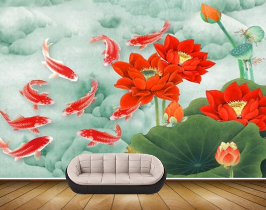 Avikalp MWZ2324 Red Fishes Sea Flowers Flies HD Wallpaper