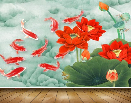 Avikalp MWZ2324 Red Fishes Sea Flowers Flies HD Wallpaper
