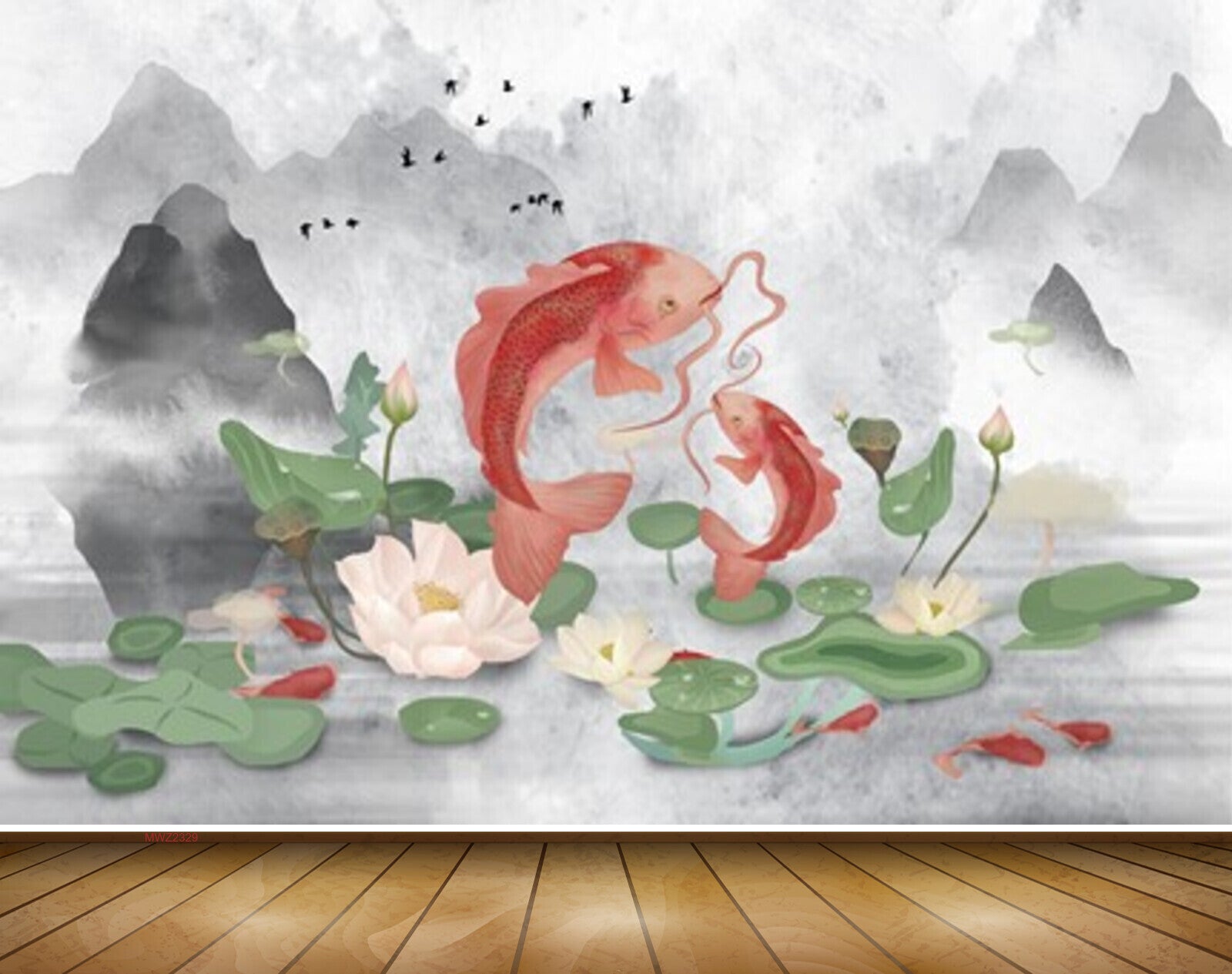 Avikalp MWZ2329 White Lotus Flowers Fishes Sea Mountains Birds HD Wallpaper