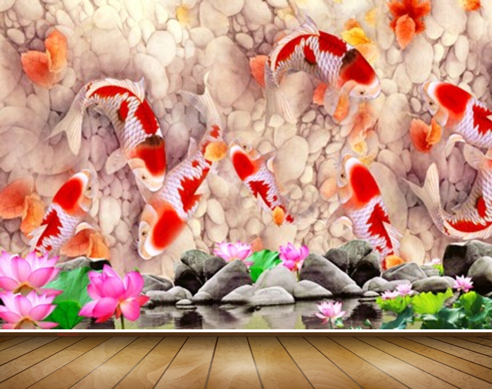 Avikalp MWZ2331 Pink Lotus Flowers Fishes Stones HD Wallpaper