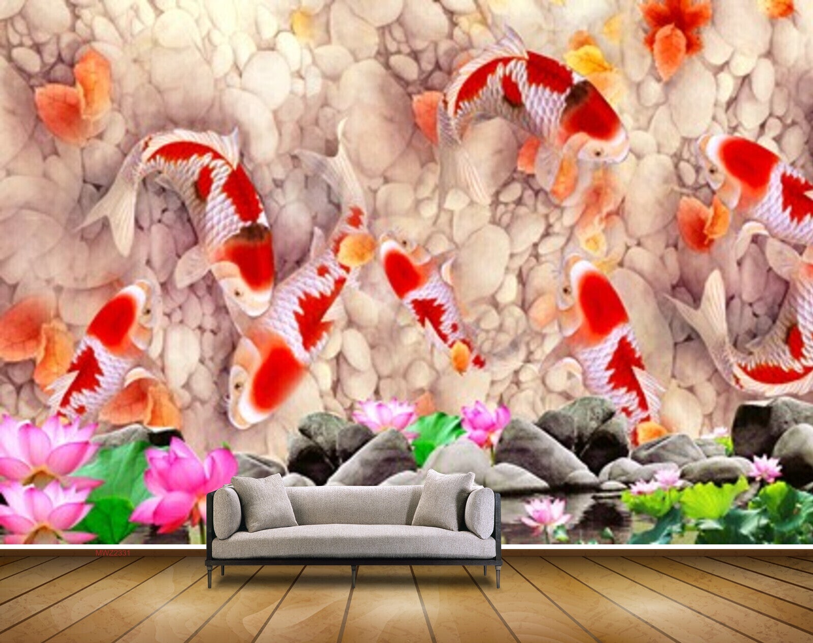 Avikalp MWZ2331 Pink Lotus Flowers Fishes Stones HD Wallpaper