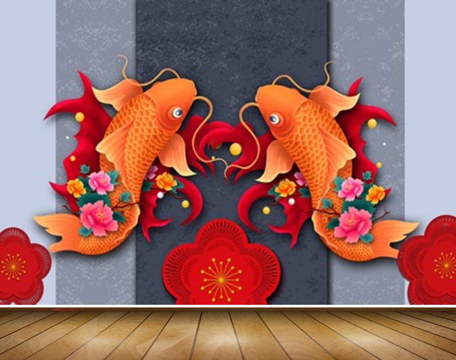Avikalp MWZ2332 Orange Red Flowers Fishes HD Wallpaper