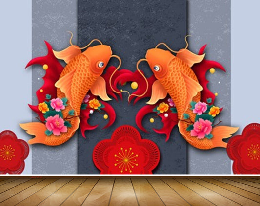 Avikalp MWZ2332 Orange Red Flowers Fishes HD Wallpaper