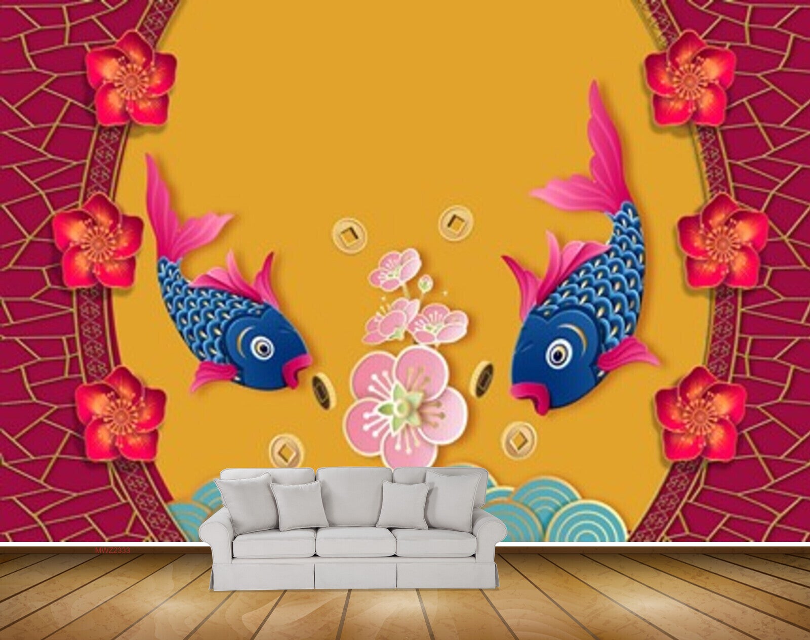 Avikalp MWZ2333 Blue Pink Fishes Flowers HD Wallpaper