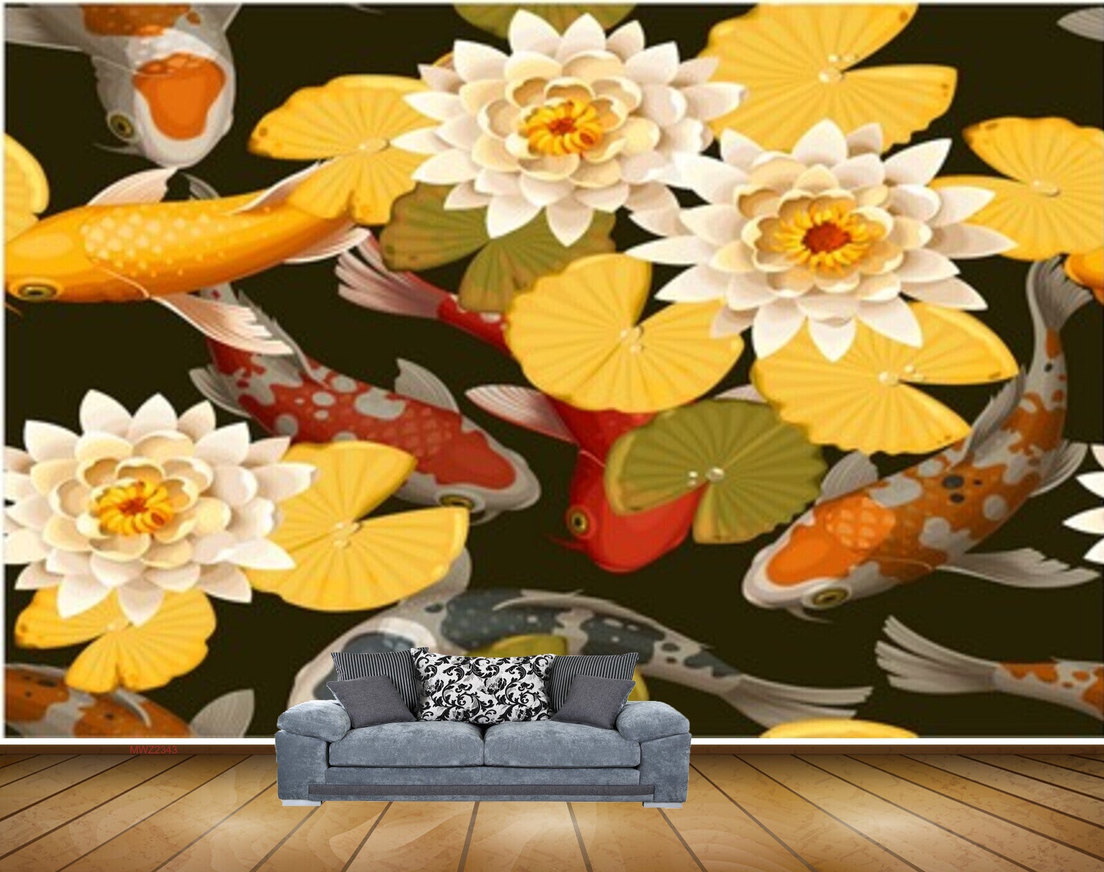 Avikalp MWZ2343 White Yellow Lotus Flowers Leaves Fishes HD Wallpaper