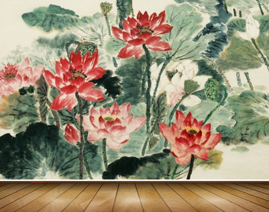 Avikalp MWZ2344 Red White Lotus Flowers Leaves Painting HD Wallpaper