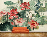 Avikalp MWZ2344 Red White Lotus Flowers Leaves Painting HD Wallpaper