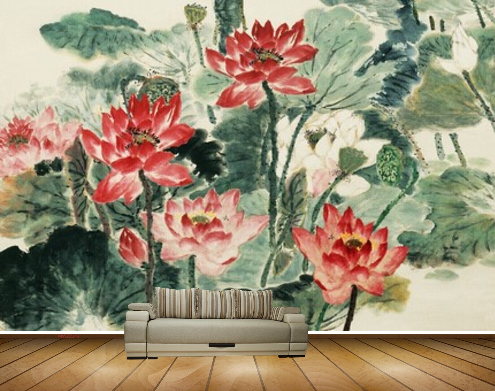 Avikalp MWZ2344 Red White Lotus Flowers Leaves Painting HD Wallpaper