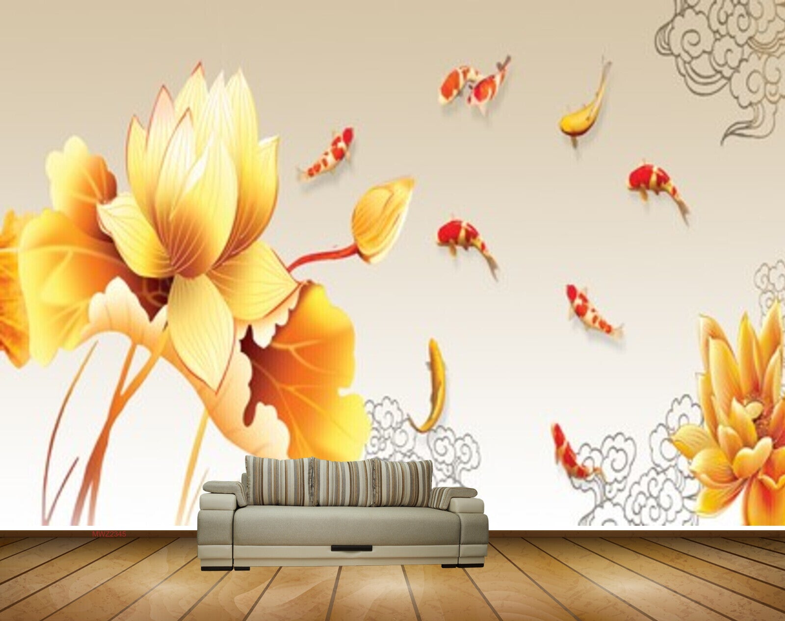 Avikalp MWZ2345 Yellow Lotus Flower Fishes HD Wallpaper