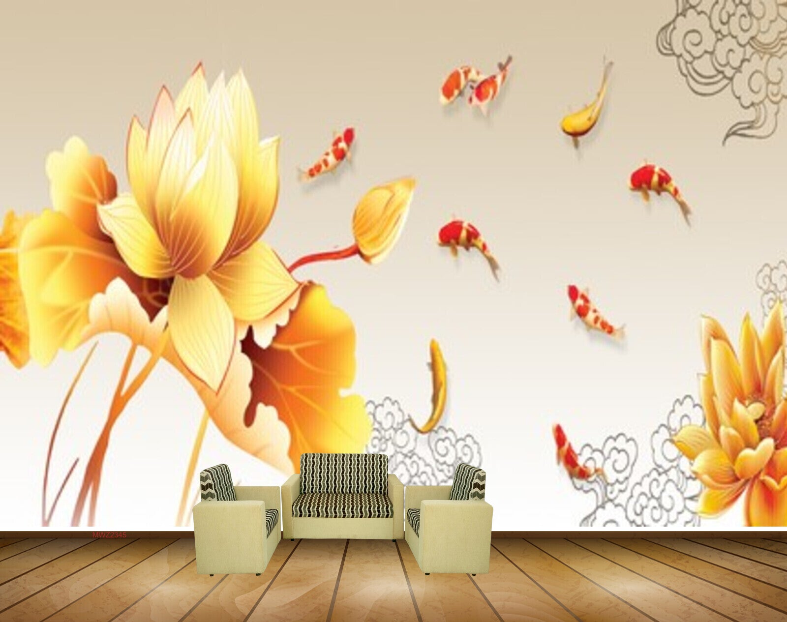Avikalp MWZ2345 Yellow Lotus Flower Fishes HD Wallpaper