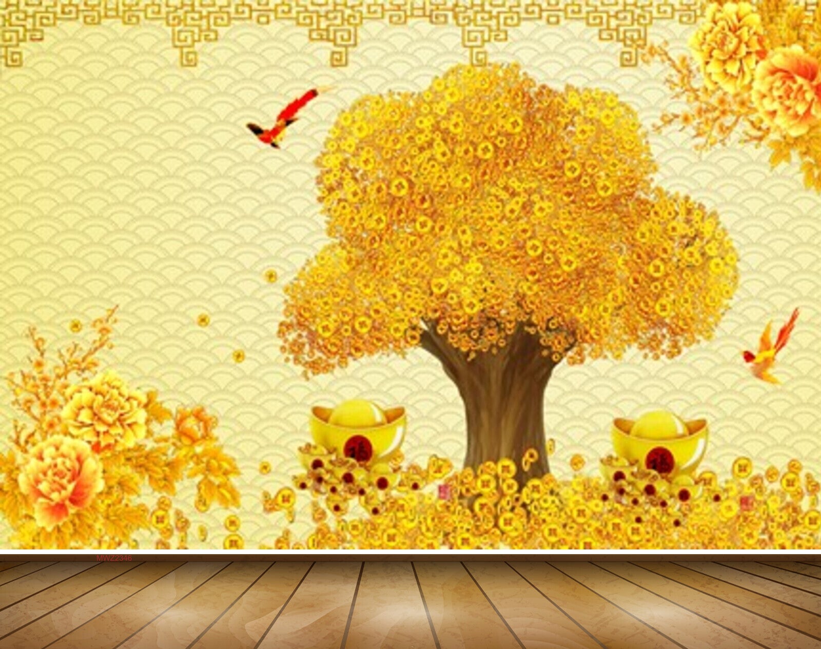 Avikalp MWZ2346 Yellow Flowers Trees Birds HD Wallpaper