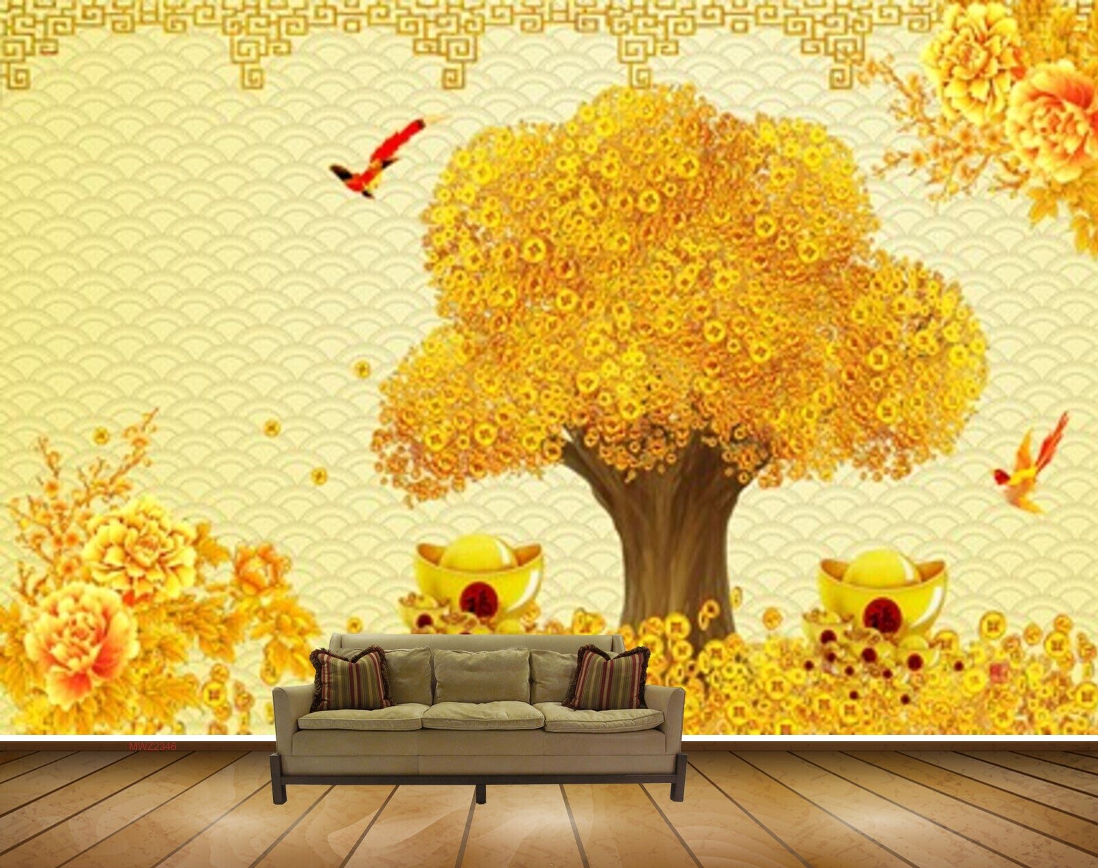 Avikalp MWZ2346 Yellow Flowers Trees Birds HD Wallpaper