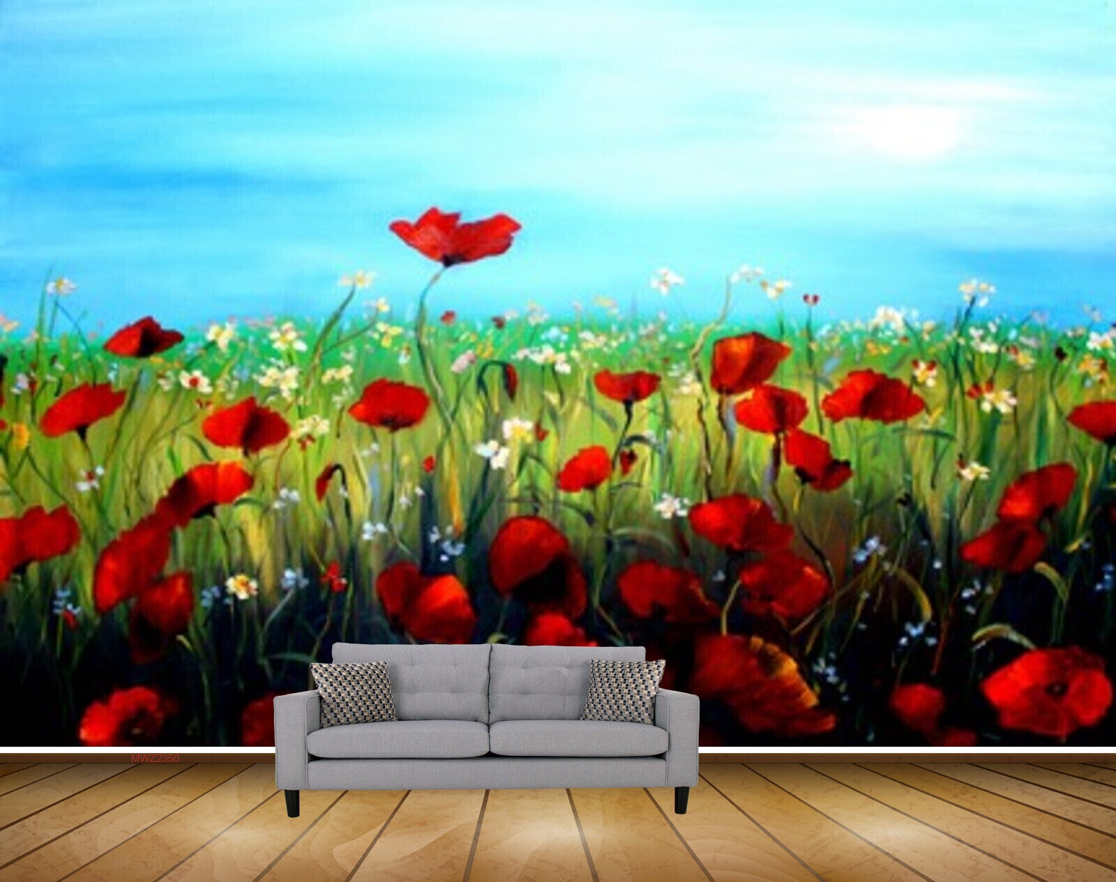 Avikalp MWZ2350 Red White Flowers Grass Sky Painting HD Wallpaper