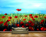 Avikalp MWZ2350 Red White Flowers Grass Sky Painting HD Wallpaper