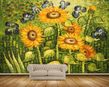 Avikalp MWZ2357 Yellow Sun Flowers Grass Purple Flowers Painting HD Wallpaper